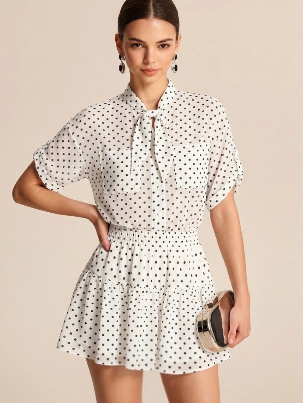 Commense Polka Dot Sheer Shirt & Mini Skirt Set